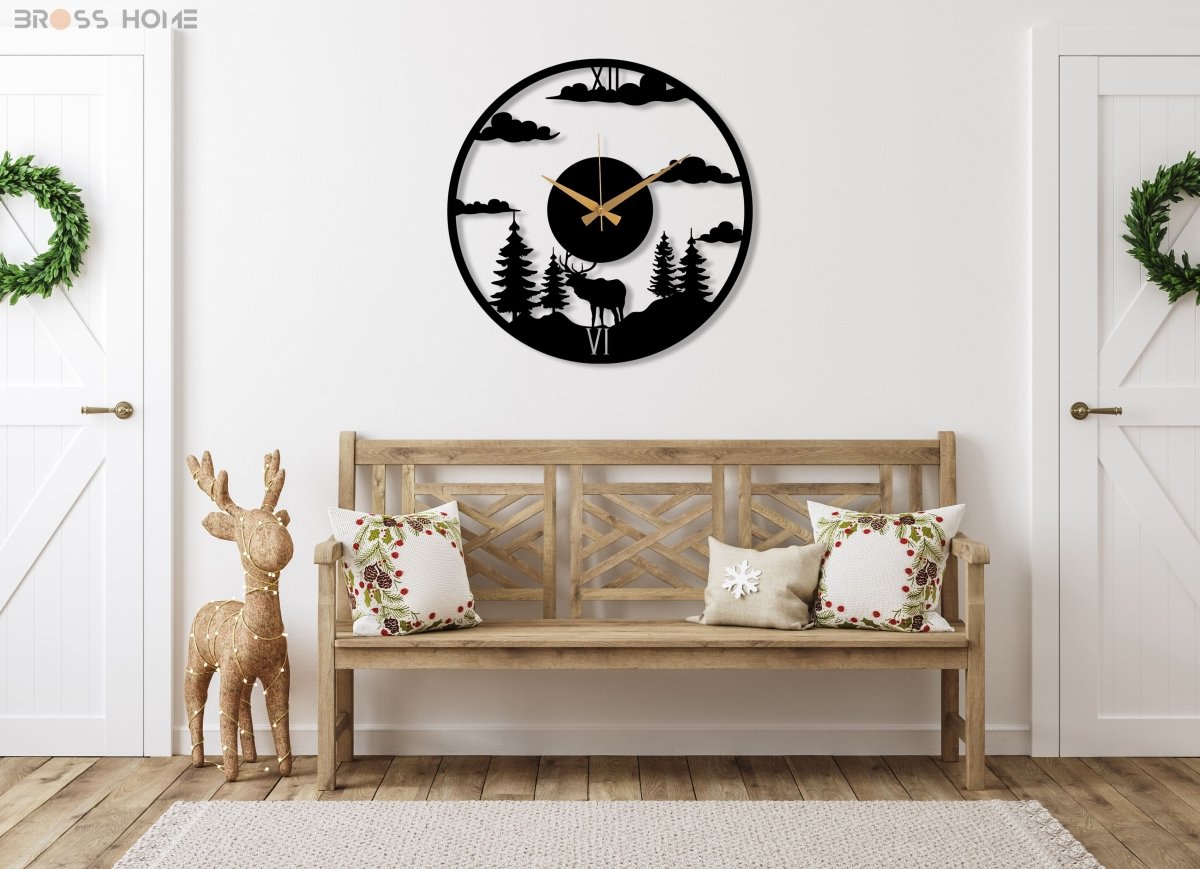 Deer Forest Black Wall Clock - BrossHome Metal Wall Art