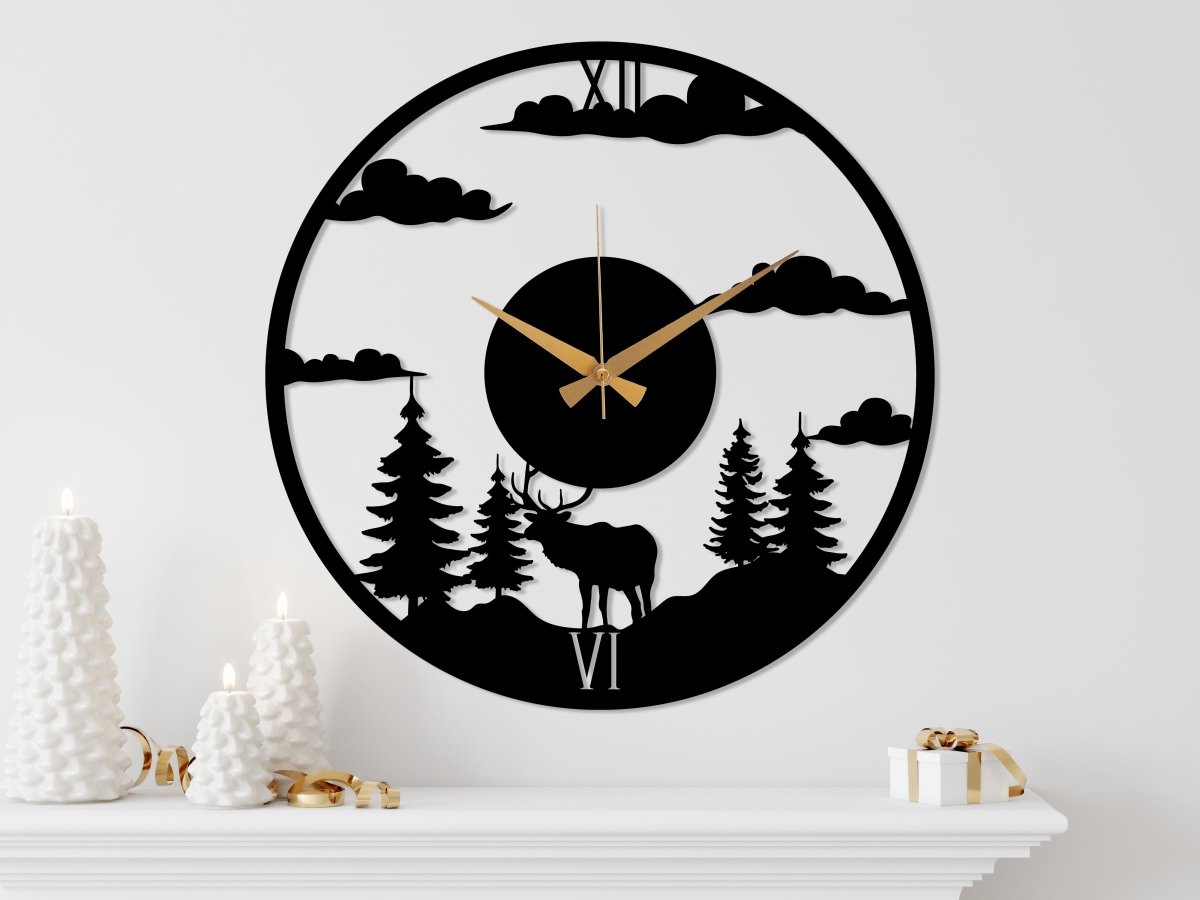 Deer Forest Black Wall Clock - BrossHome Metal Wall Art