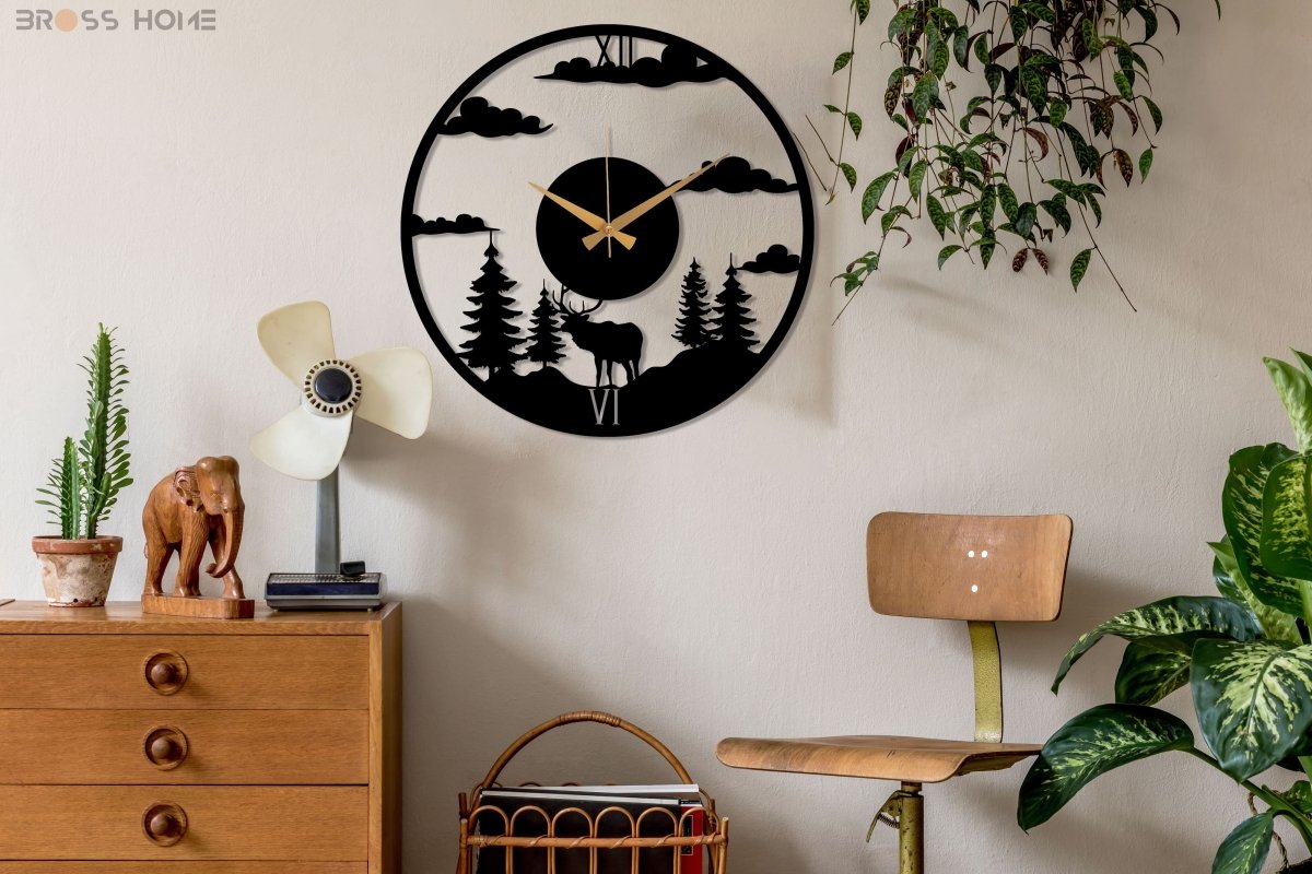 Deer Forest Black Wall Clock - BrossHome Metal Wall Art