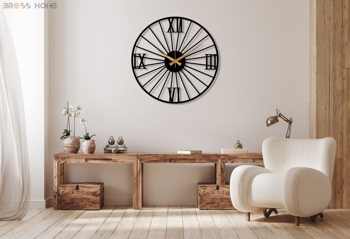 Large Roman Numeral Wall Clock - BrossHome Metal Wall Art