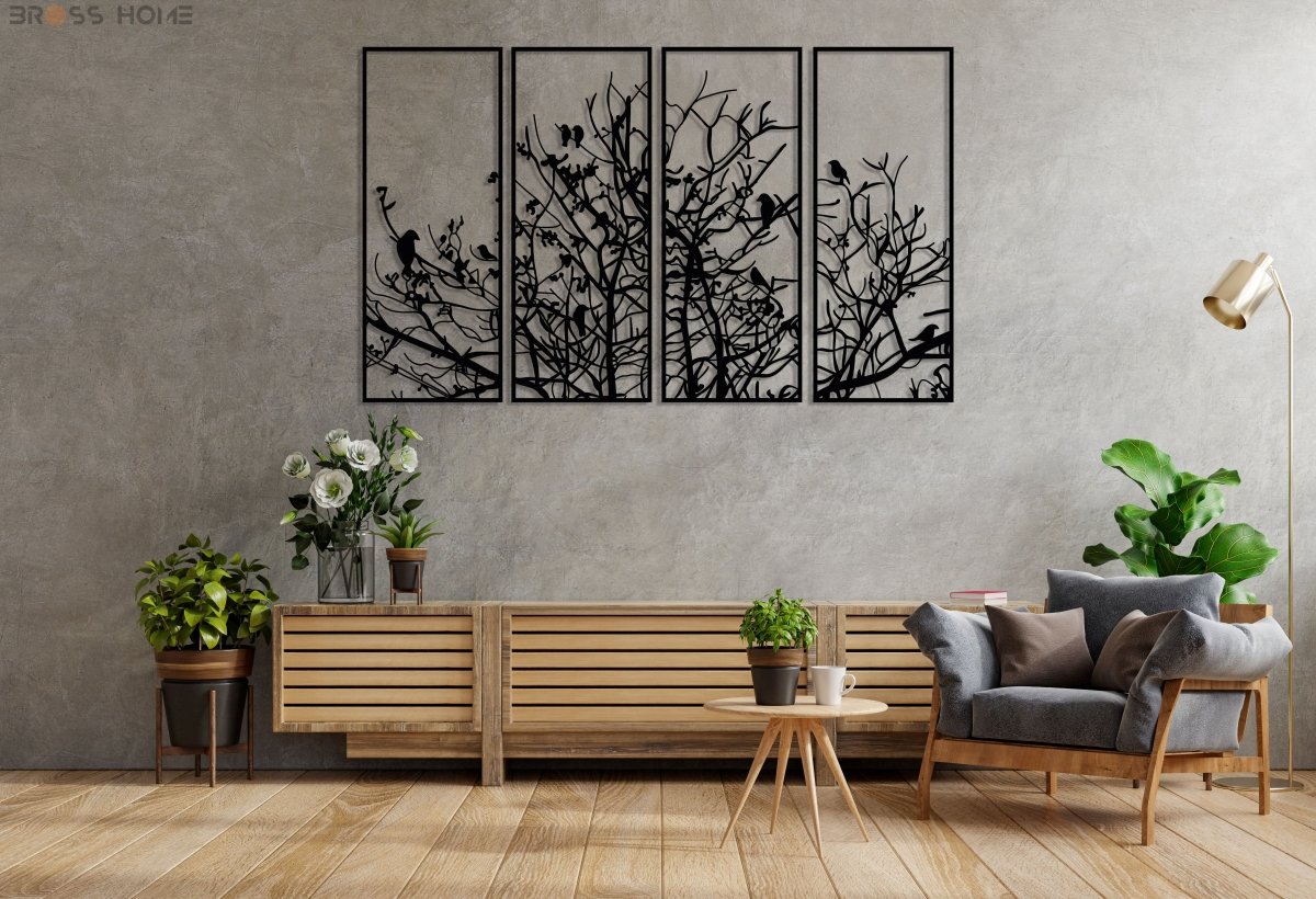 Metal Birds On Branch Wall Decor (Set Of 4) - BrossHome Metal Wall Art