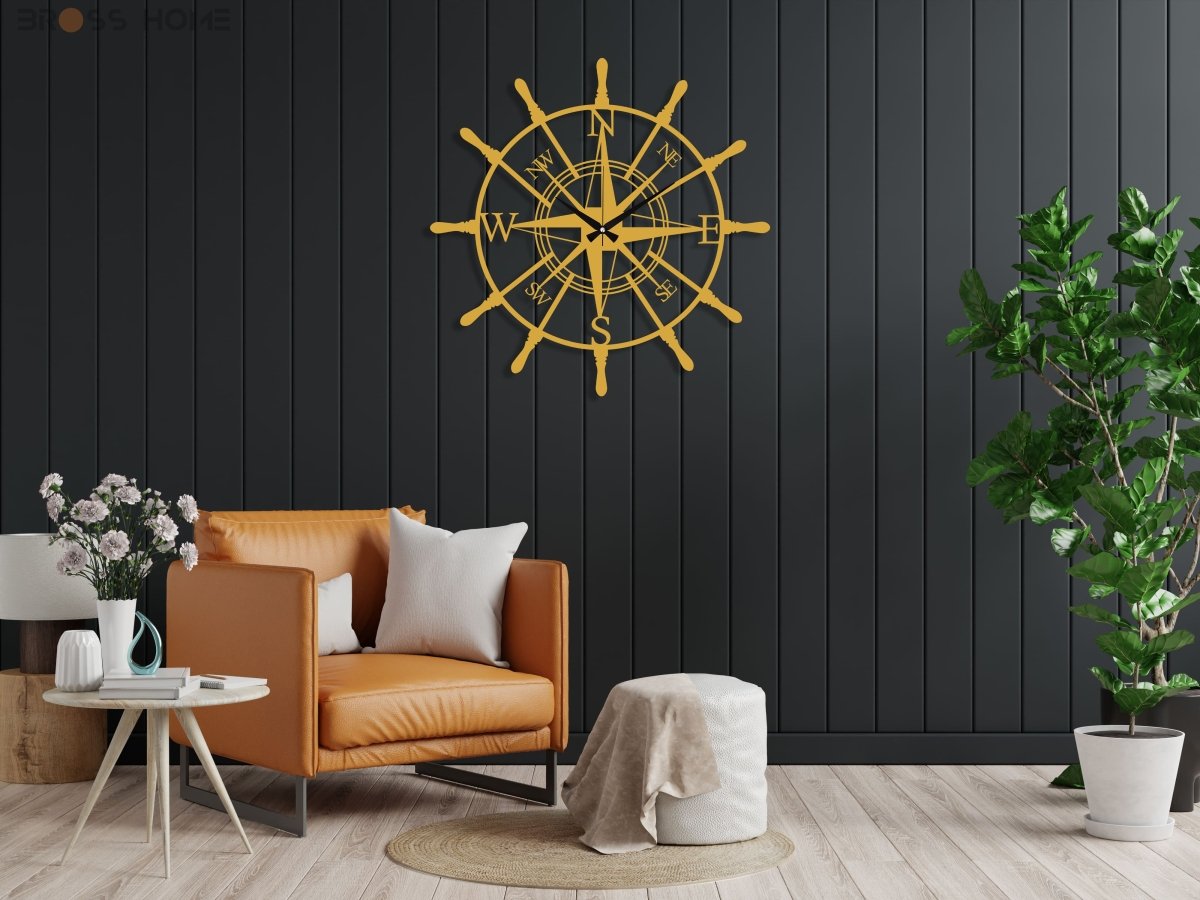Metal Compass Wall Clock - BrossHome Metal Wall Art