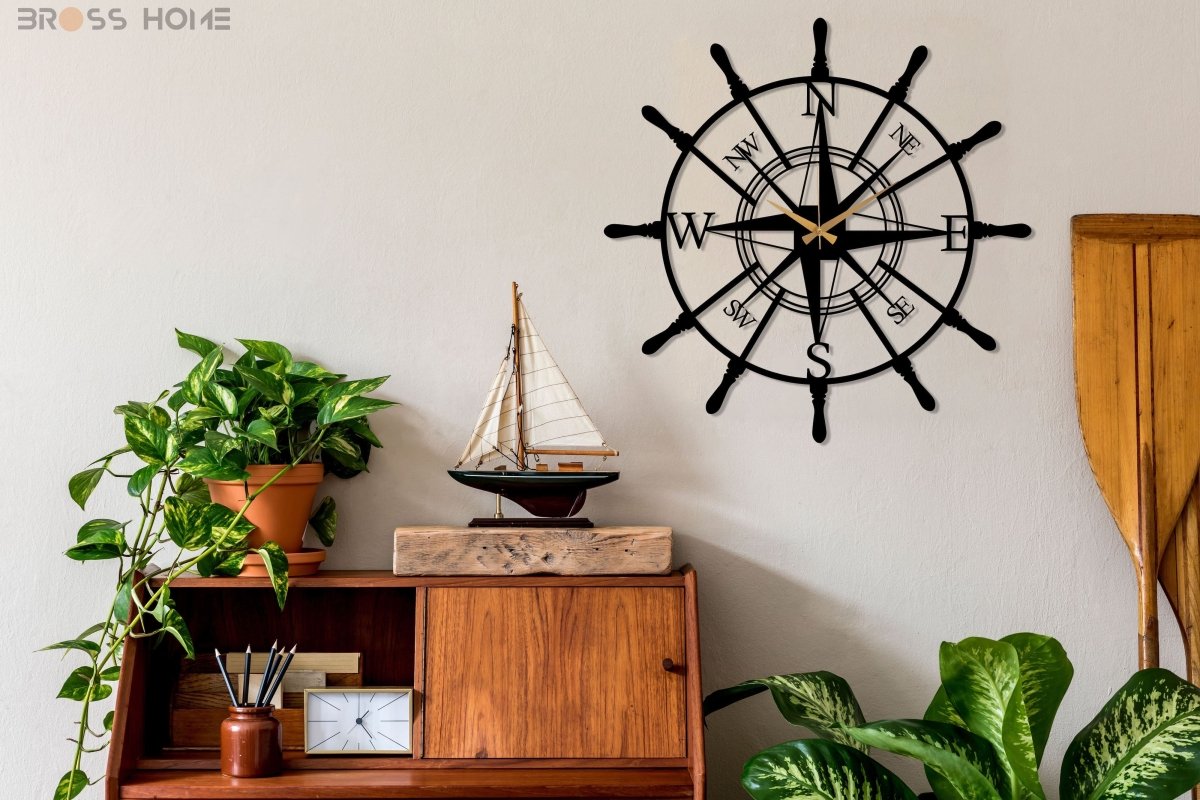 Metal Compass Wall Clock - BrossHome Metal Wall Art