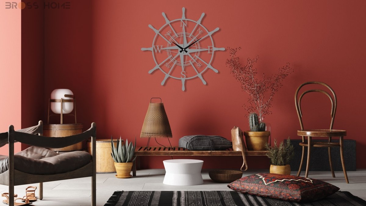 Metal Compass Wall Clock - BrossHome Metal Wall Art