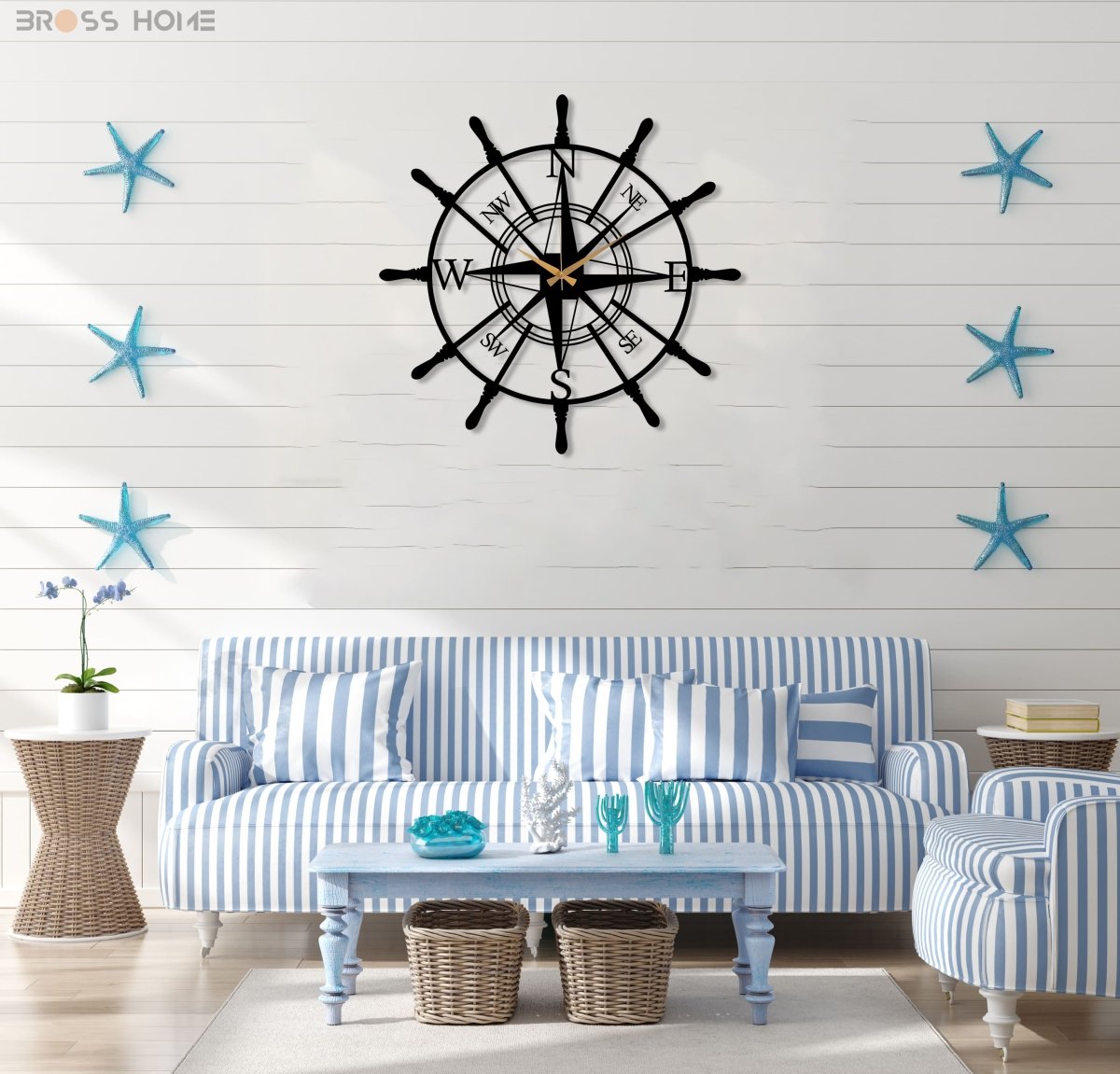 Metal Compass Wall Clock - BrossHome Metal Wall Art