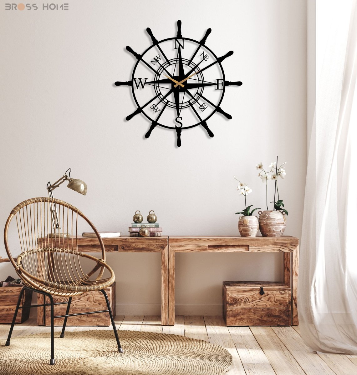 Metal Compass Wall Clock - BrossHome Metal Wall Art