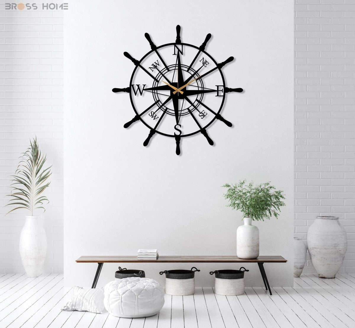 Metal Compass Wall Clock - BrossHome Metal Wall Art