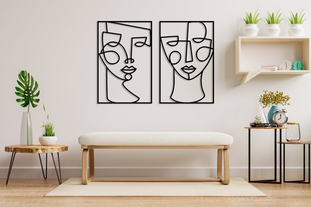Metal Line Female Faces Wall Art (Set Of 2) - BrossHome Metal Wall Art