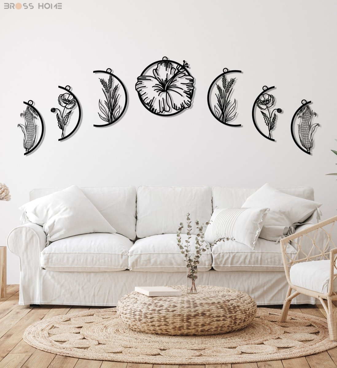 Moon Phases With Flowers Metal Wall Art - BrossHome Metal Wall Art