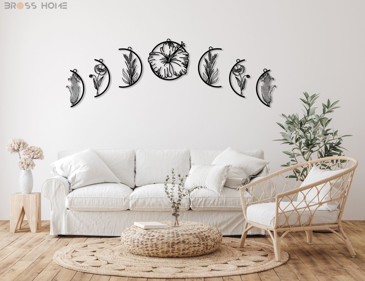 Moon Phases With Flowers Metal Wall Art - BrossHome Metal Wall Art
