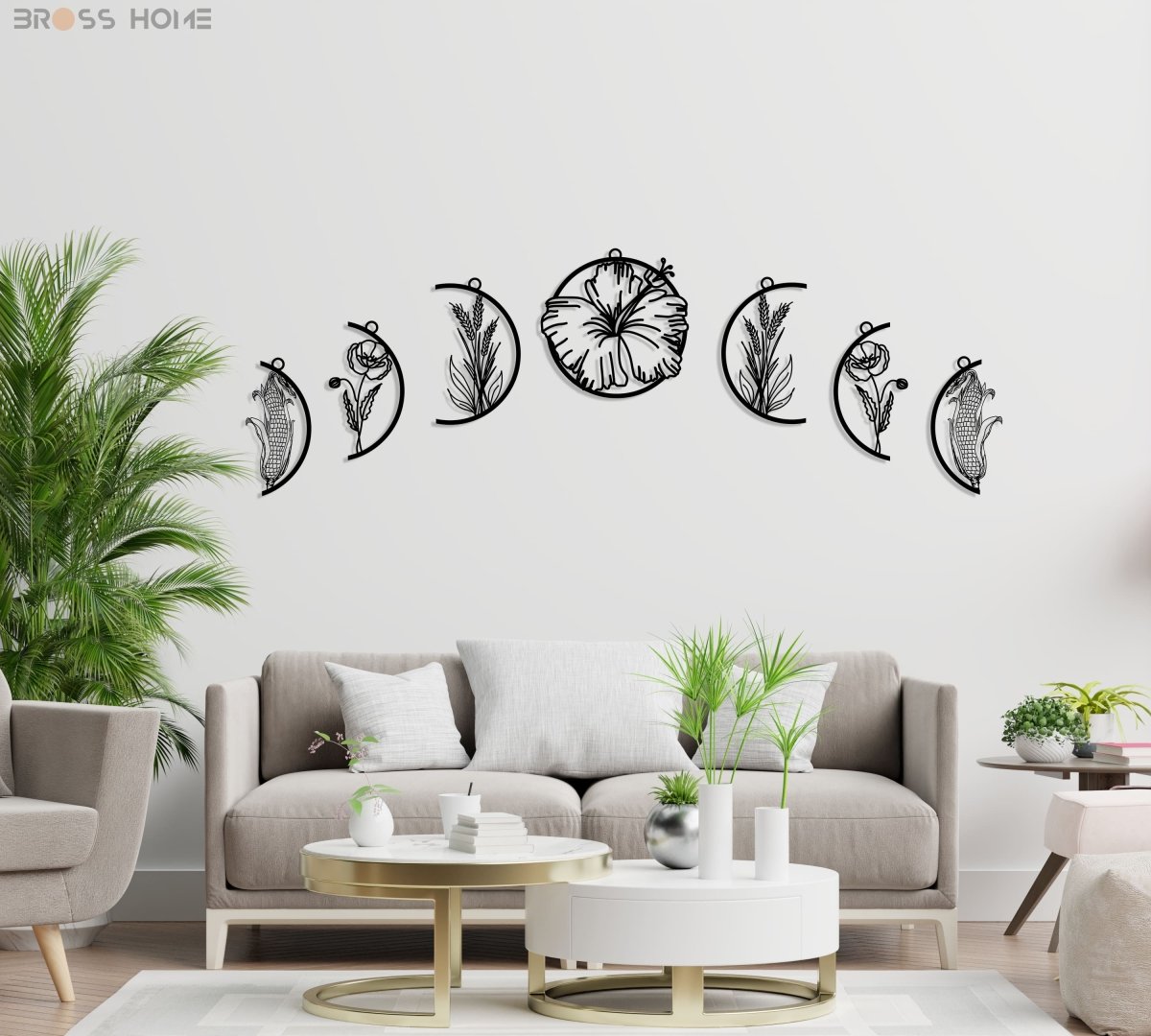 Moon Phases With Flowers Metal Wall Art - BrossHome Metal Wall Art