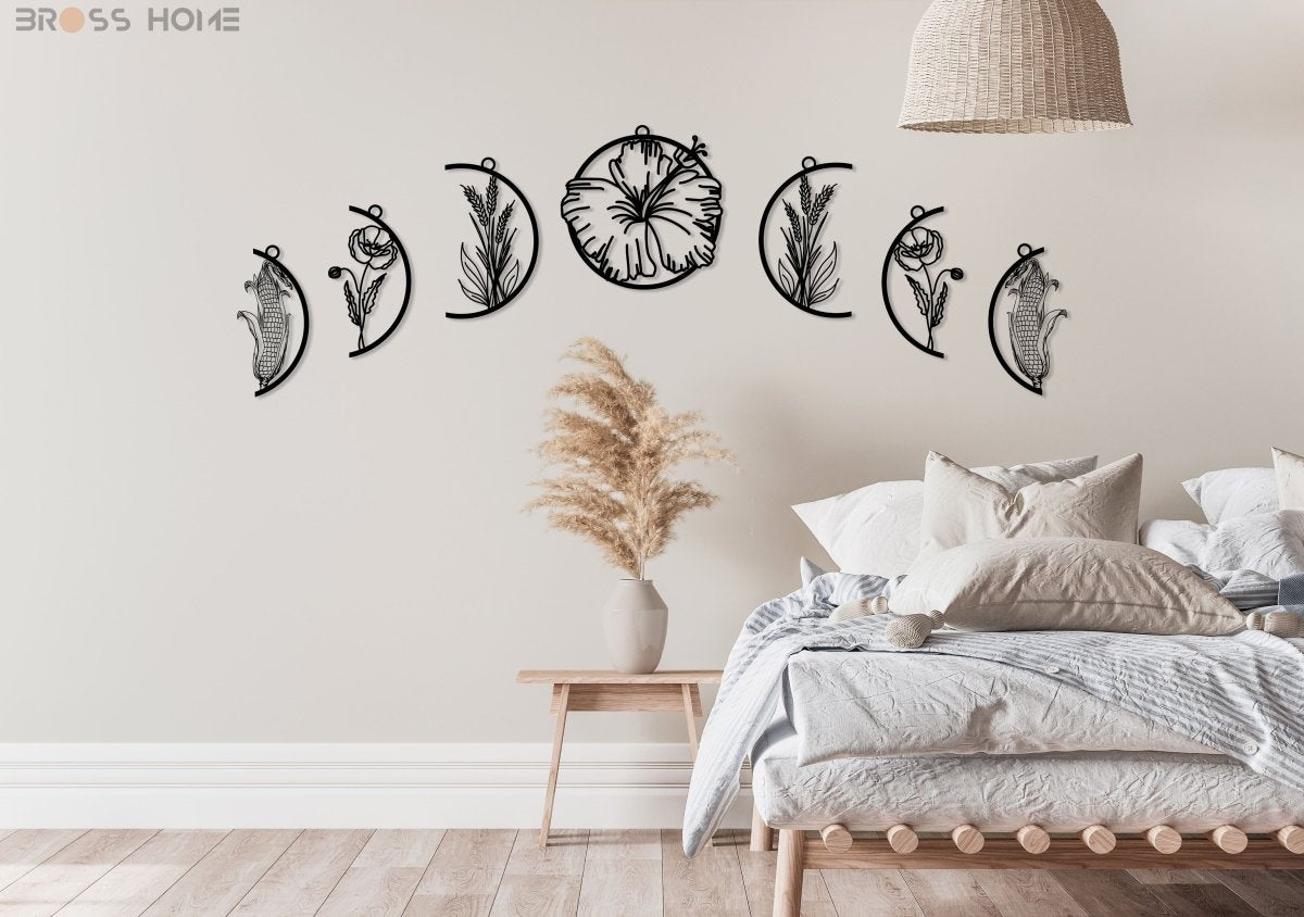 Moon Phases With Flowers Metal Wall Art - BrossHome Metal Wall Art