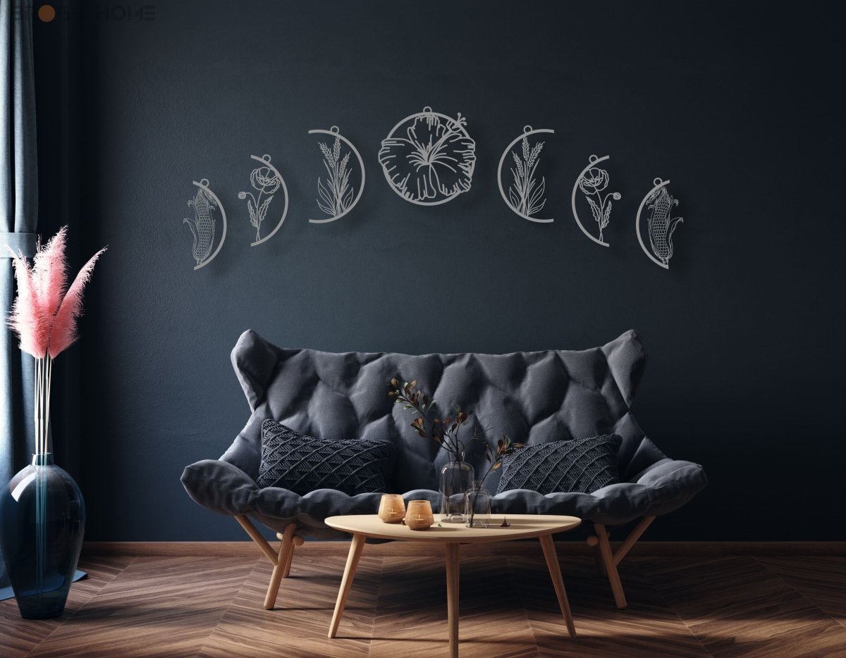 Moon Phases With Flowers Metal Wall Art - BrossHome Metal Wall Art