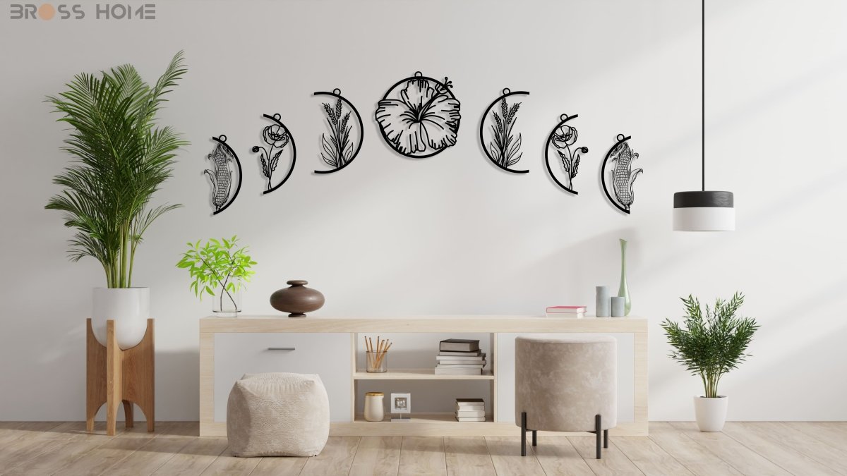 Moon Phases With Flowers Metal Wall Art - BrossHome Metal Wall Art