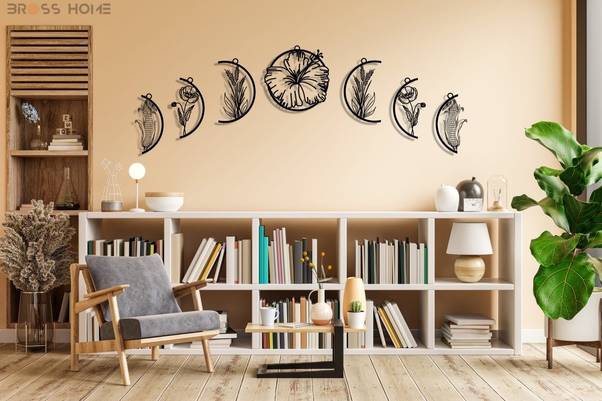 Moon Phases With Flowers Metal Wall Art - BrossHome Metal Wall Art
