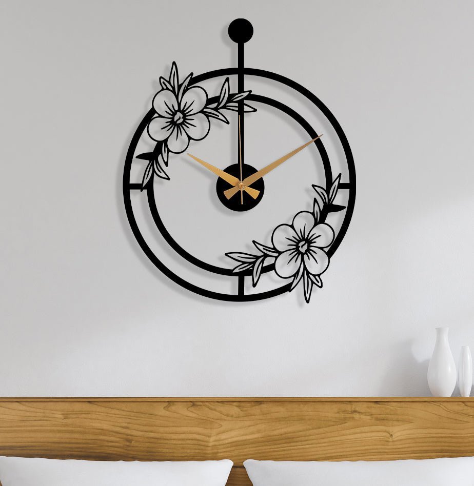 Oversized Minimalist Wall Clock With Flower - BrossHome Metal Wall Art