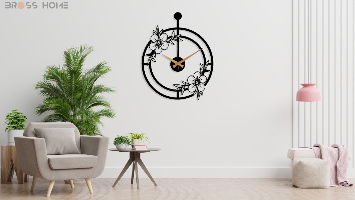 Oversized Minimalist Wall Clock With Flower - BrossHome Metal Wall Art
