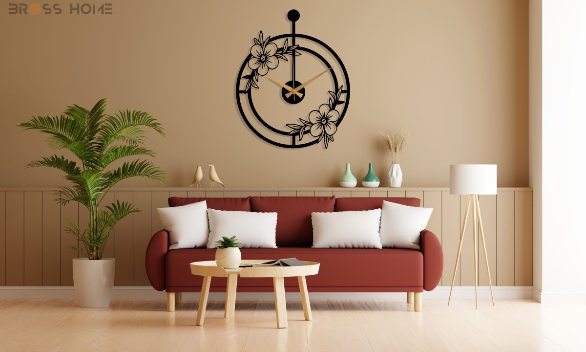Oversized Minimalist Wall Clock With Flower - BrossHome Metal Wall Art