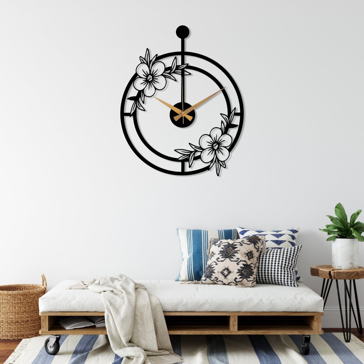 Oversized Minimalist Wall Clock With Flower - BrossHome Metal Wall Art