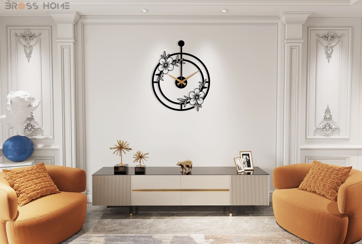 Oversized Minimalist Wall Clock With Flower - BrossHome Metal Wall Art
