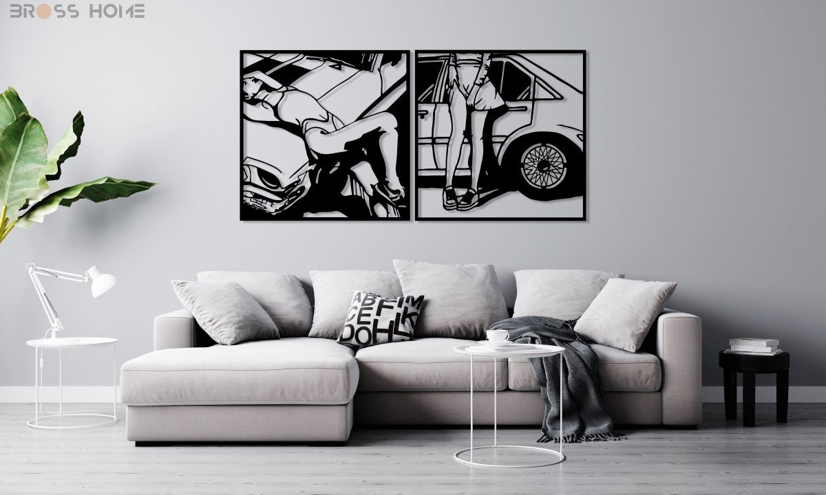 Retro Attractive Woman Car Line Art - BrossHome Metal Wall Art