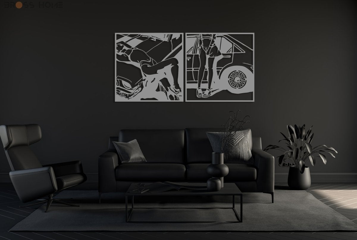 Retro Attractive Woman Car Line Art - BrossHome Metal Wall Art