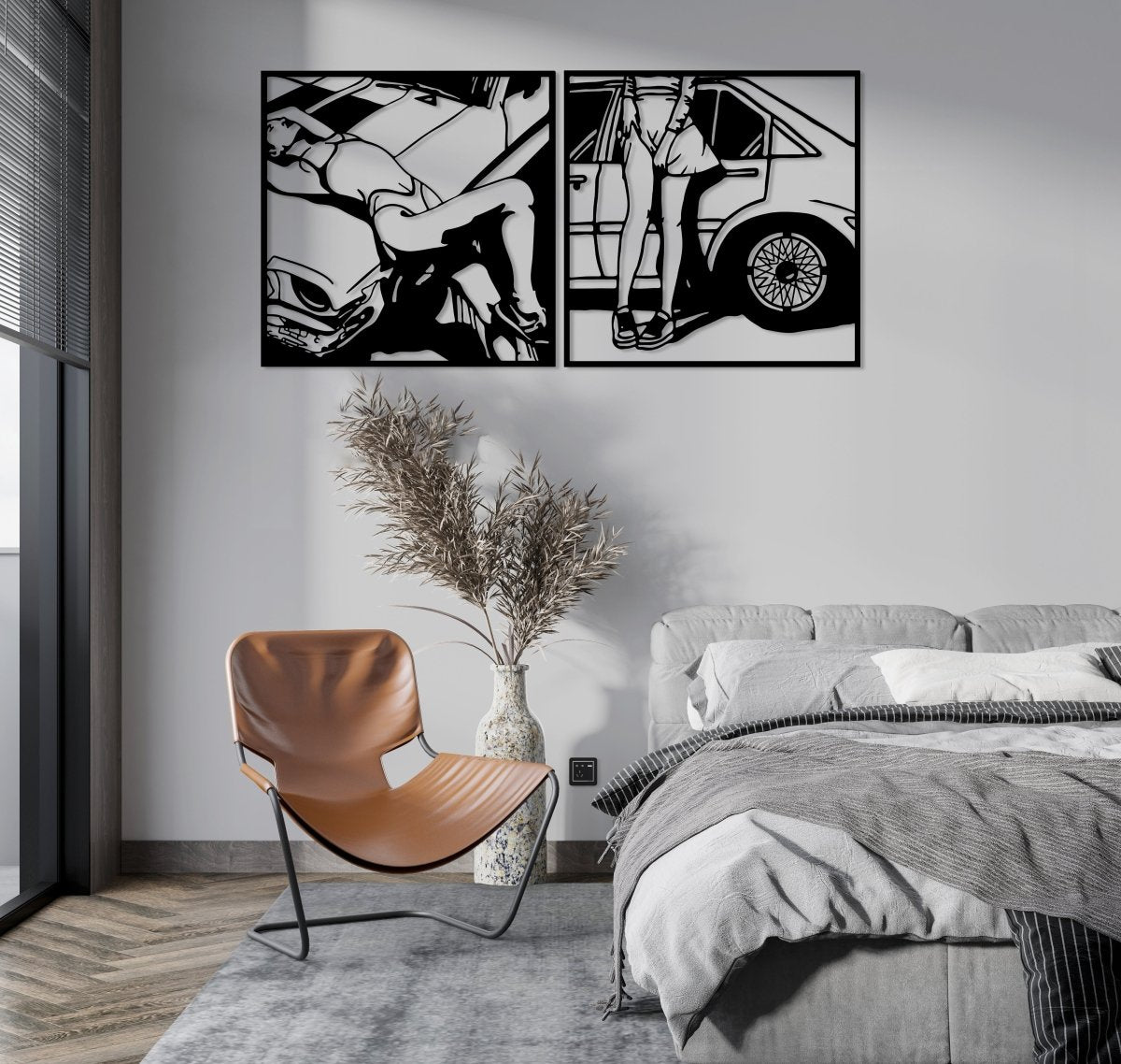 Retro Attractive Woman Car Line Art - BrossHome Metal Wall Art
