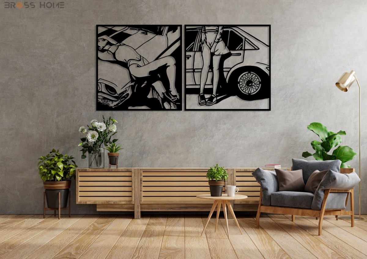 Retro Attractive Woman Car Line Art - BrossHome Metal Wall Art