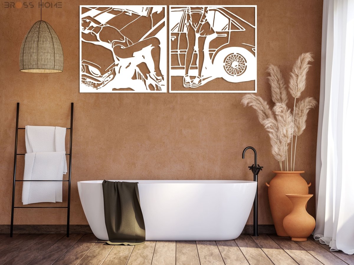 Retro Attractive Woman Car Line Art - BrossHome Metal Wall Art