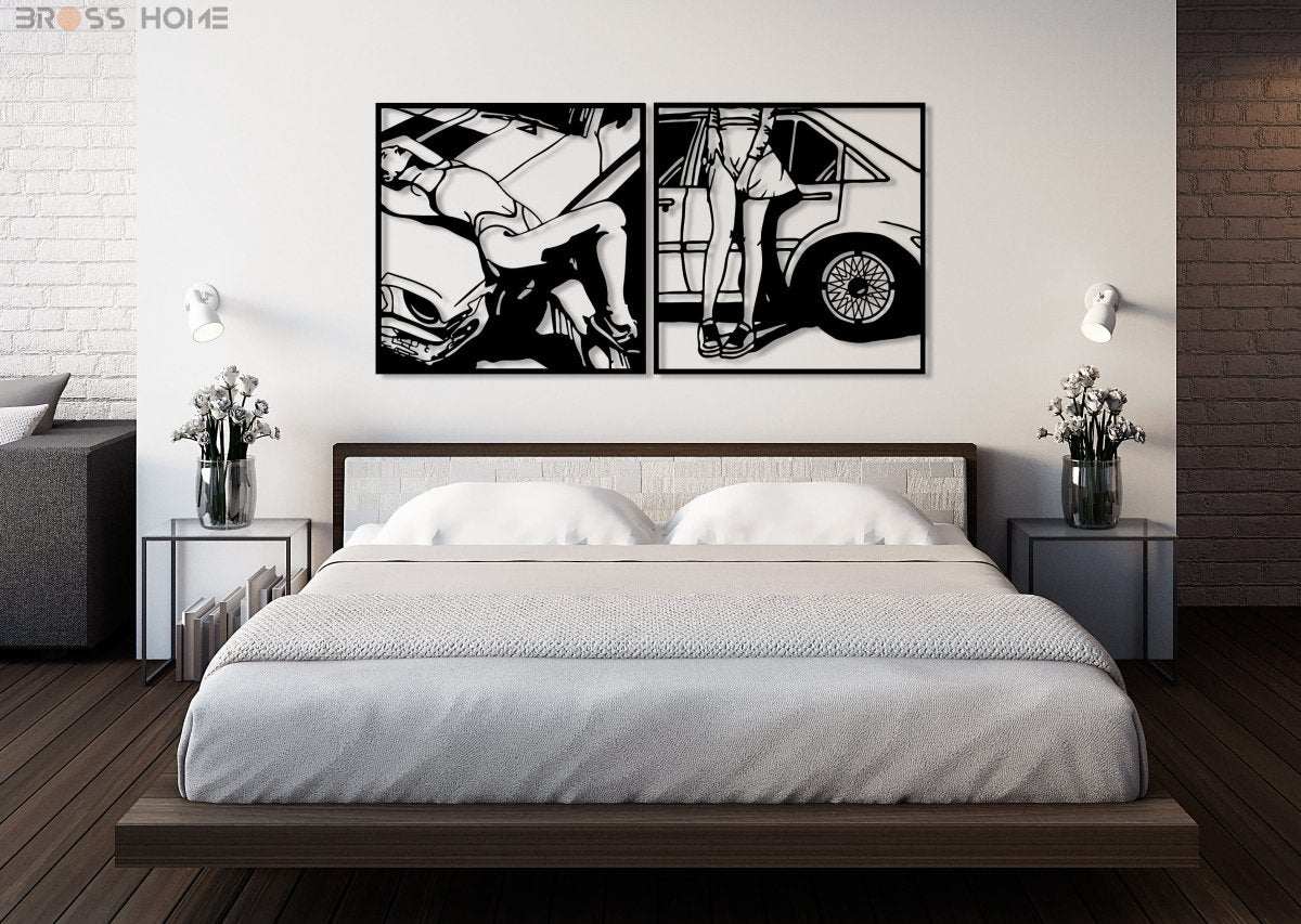 Retro Attractive Woman Car Line Art - BrossHome Metal Wall Art