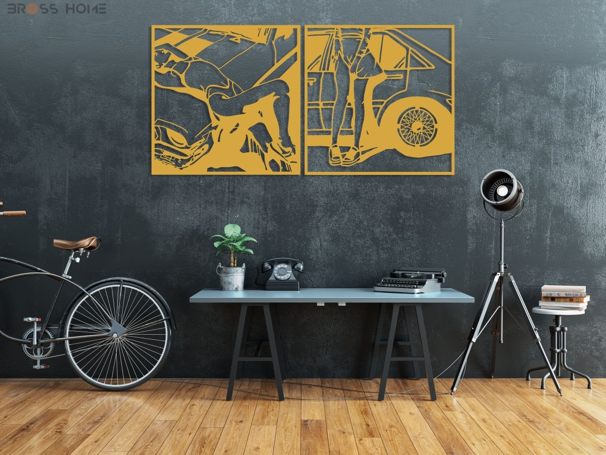 Retro Attractive Woman Car Line Art - BrossHome Metal Wall Art