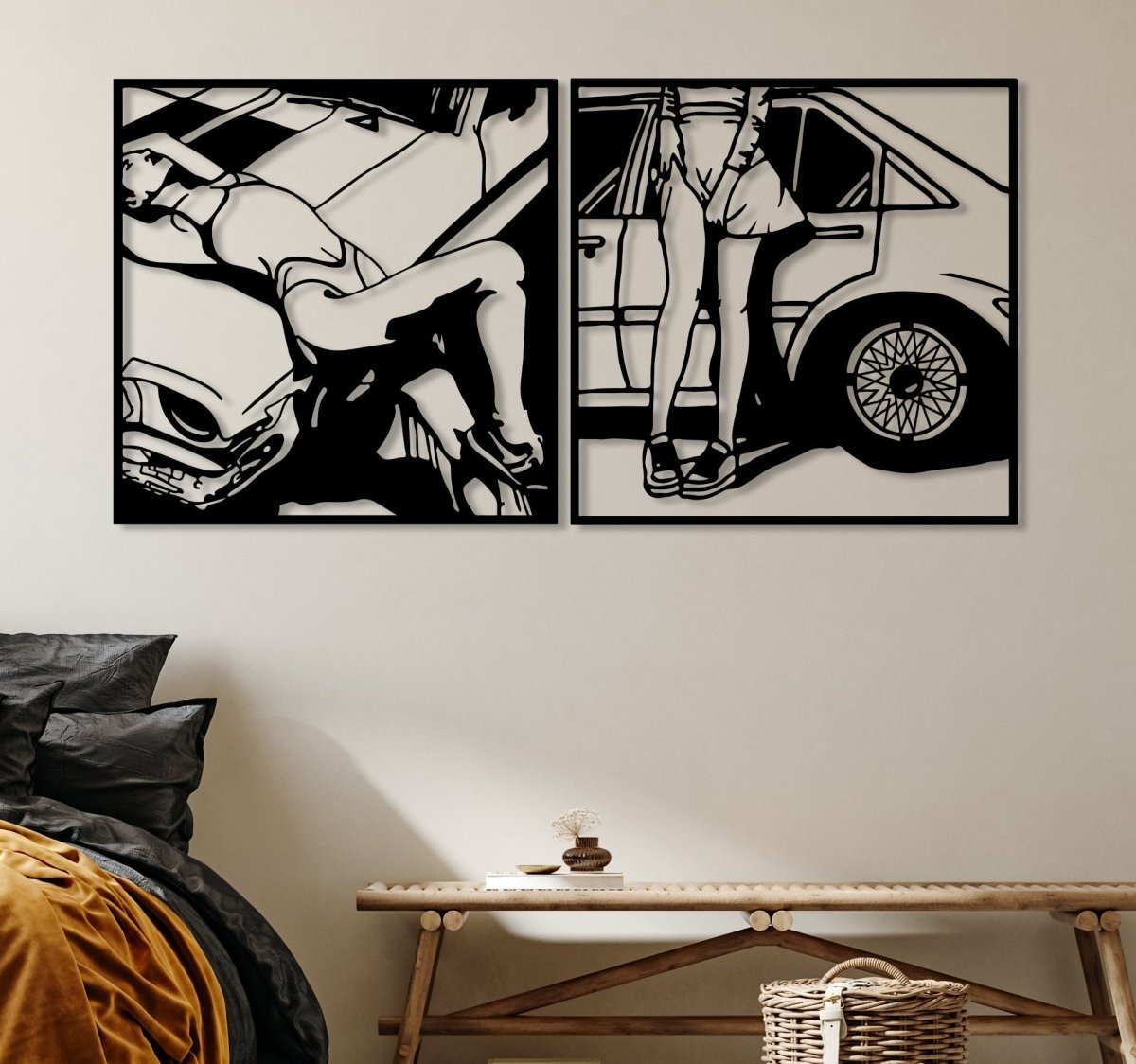 Retro Attractive Woman Car Line Art - BrossHome Metal Wall Art