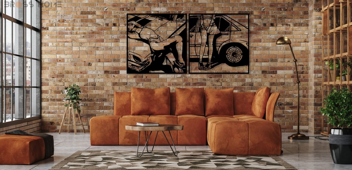 Retro Attractive Woman Car Line Art - BrossHome Metal Wall Art