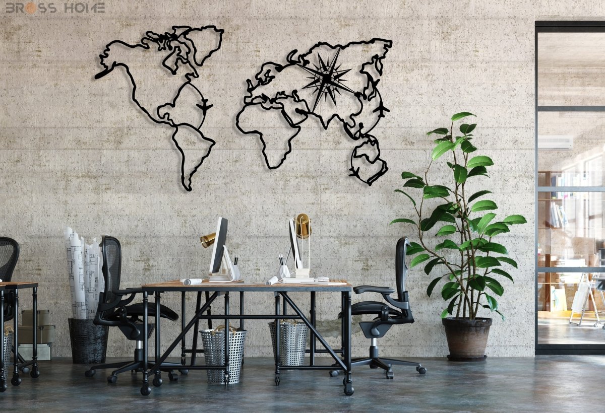 World Map Compass Wall Art - BrossHome Metal Wall Art
