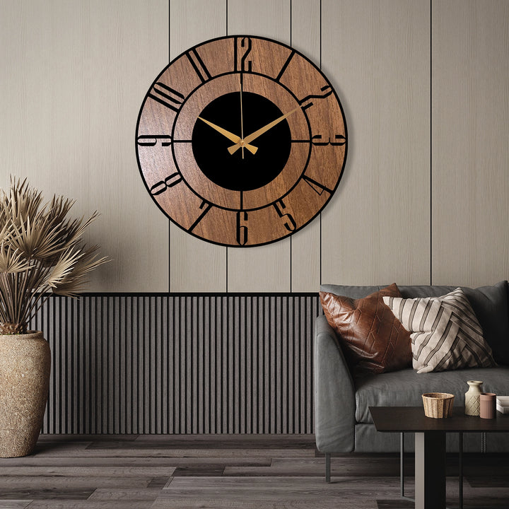 METAL WALL CLOCK WITH WOODEN BACKGROUND