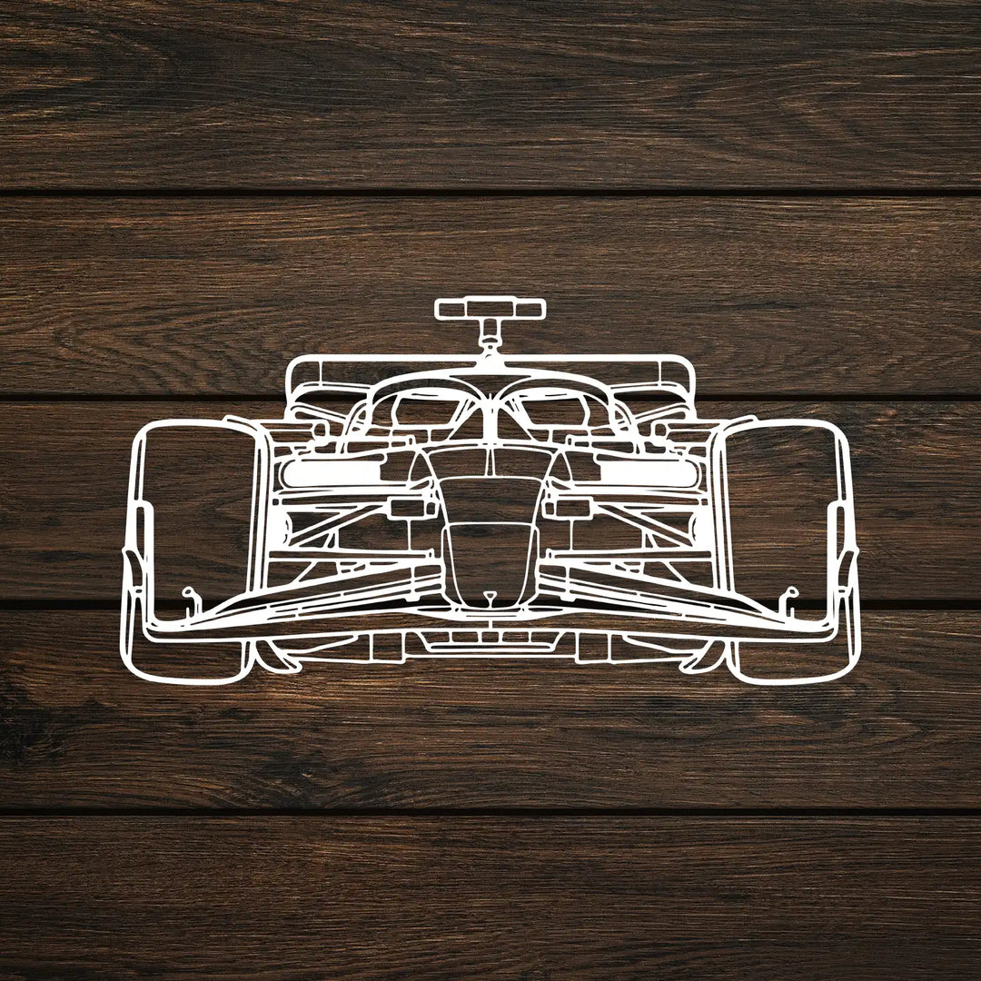 Wall-mounted F1 metal silhouette creating a strong focal point in the room.