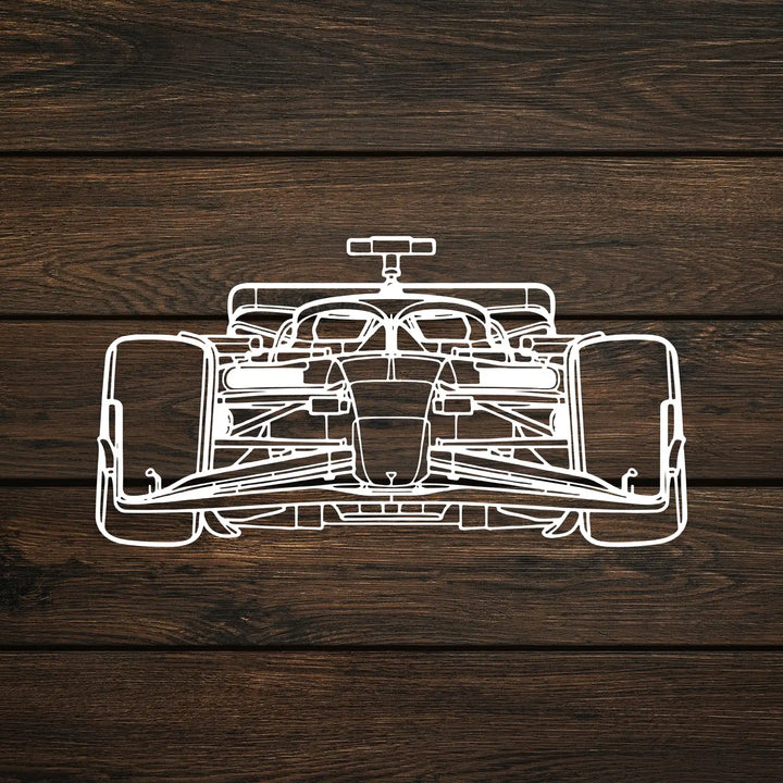 Wall-mounted F1 metal silhouette creating a strong focal point in the room.