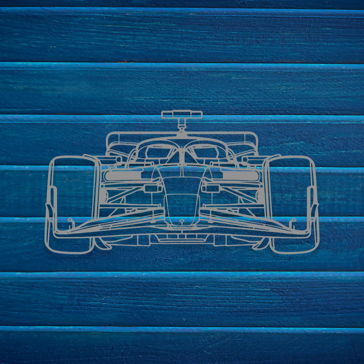 Garage or man cave wall enhanced by a sleek Formula 1 metal cutout.