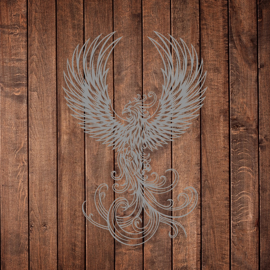 Majestic phoenix metal wall art with flowing feather details.