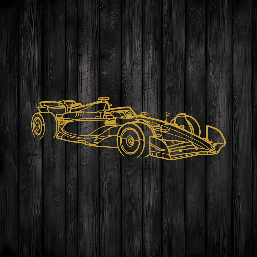 Metal wall art of a Formula 1 car creating a bold statement above a desk.