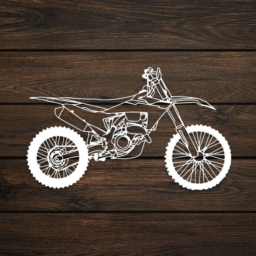 Black metal dirt bike artwork blending adventure with modern interior style.
