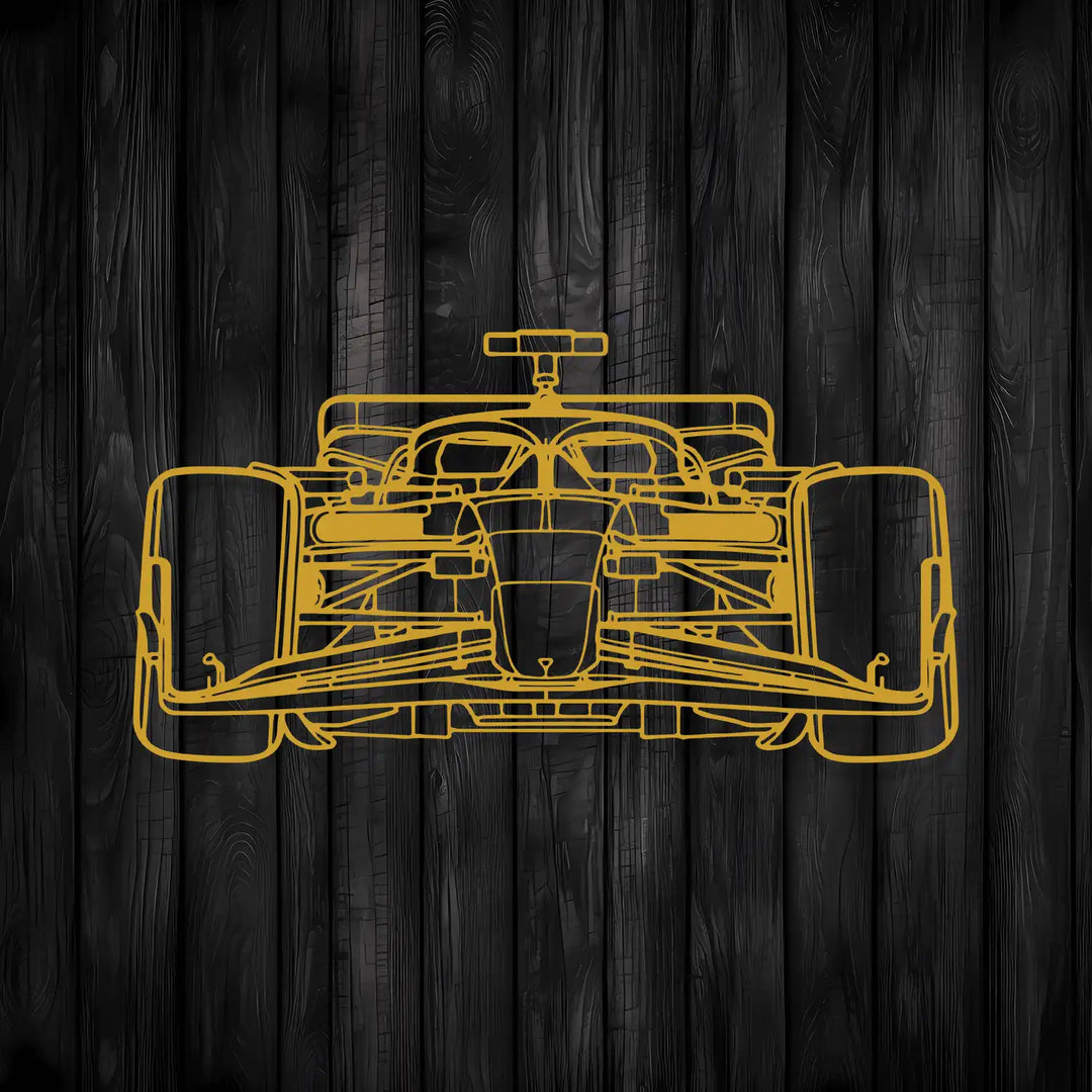 Detailed metal artwork of a Formula 1 car viewed from the front.