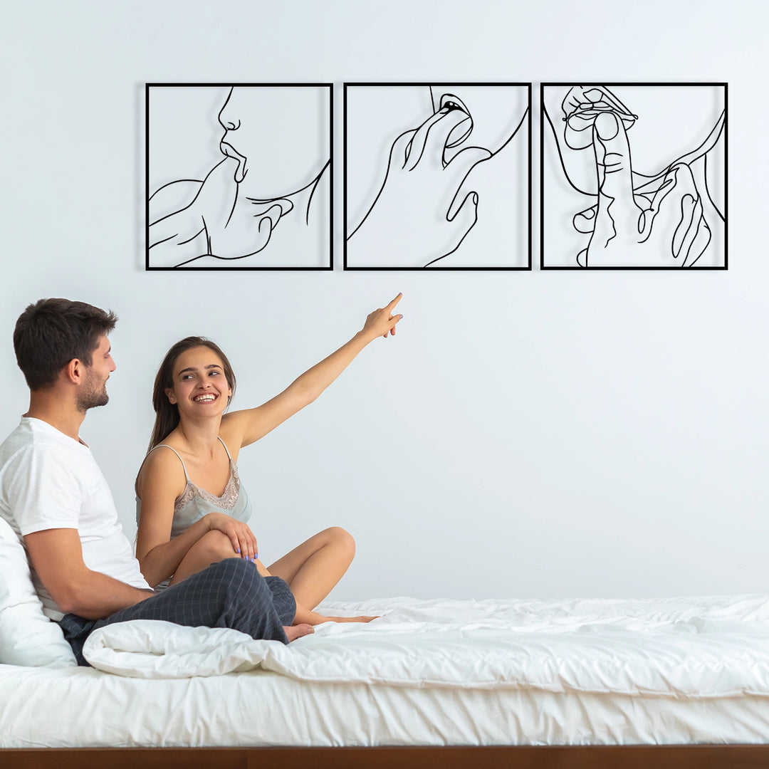 Modern black metal line art of intimate human gestures for wall decoration.