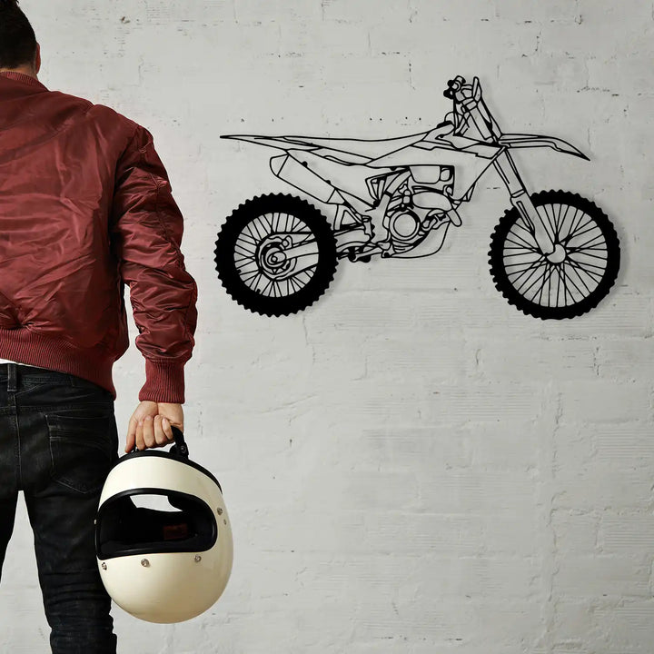 Precision-cut motocross design showcasing tires, frame, and suspension.