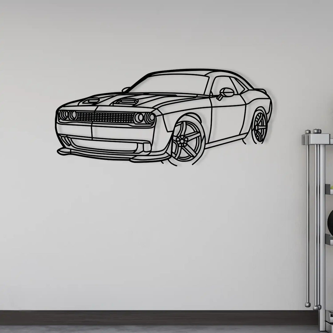 Iconic Dodge Challenger shape crafted as a metal wall decoration.