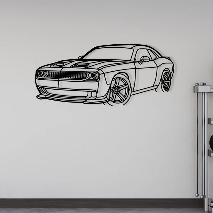 Iconic Dodge Challenger shape crafted as a metal wall decoration.