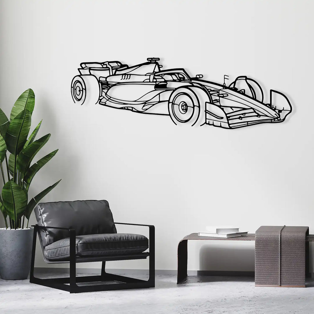 Artistic representation of speed and motion with a sleek metal F1 silhouette.