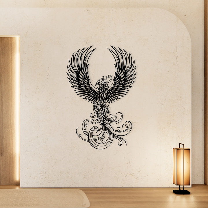 Stylish and dynamic phoenix wall art made of metal.