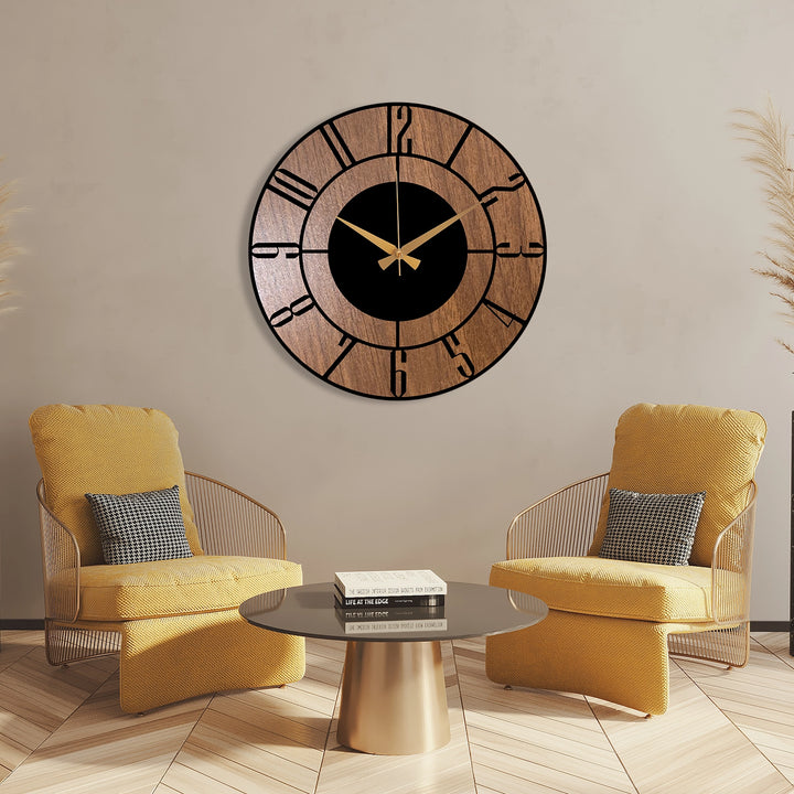 METAL WALL CLOCK WITH WOODEN BACKGROUND