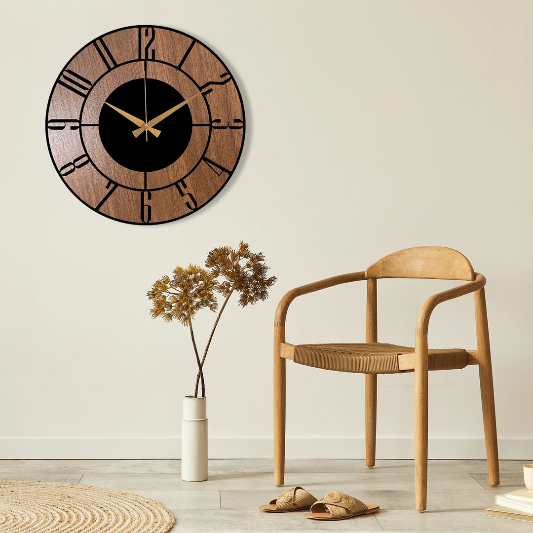 METAL WALL CLOCK WITH WOODEN BACKGROUND